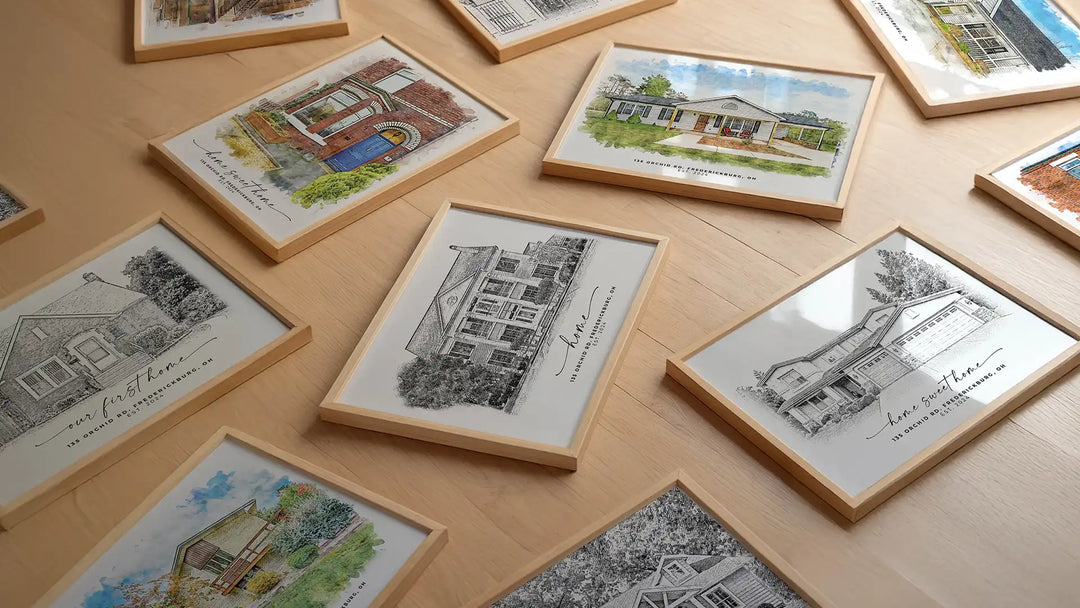 framed custom house portraits in watercolor and black and white style