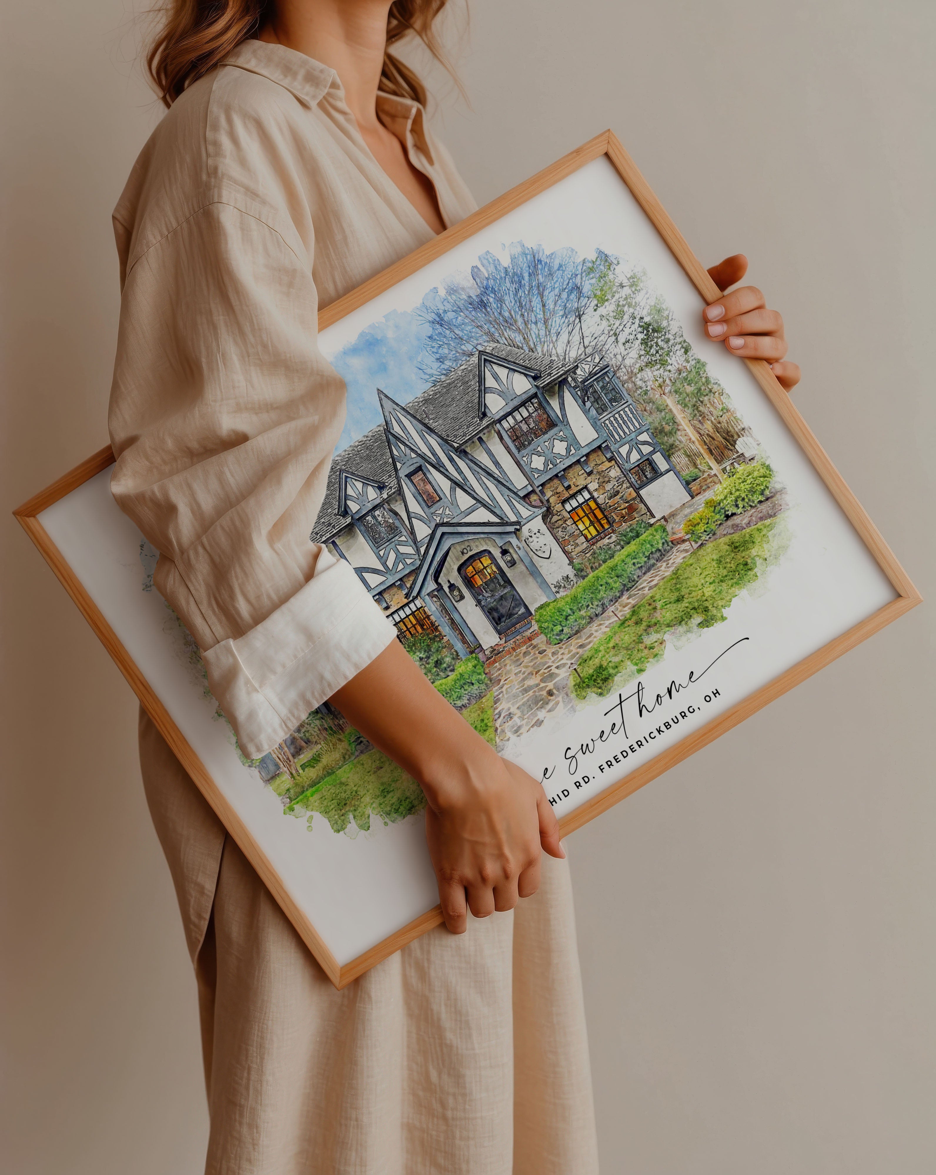 Detailed watercolor painting of a family home, showcasing personalized text and vivid artistic details, designed as a heartfelt gift for real estate agents, new homeowners, or families cherishing their house memories