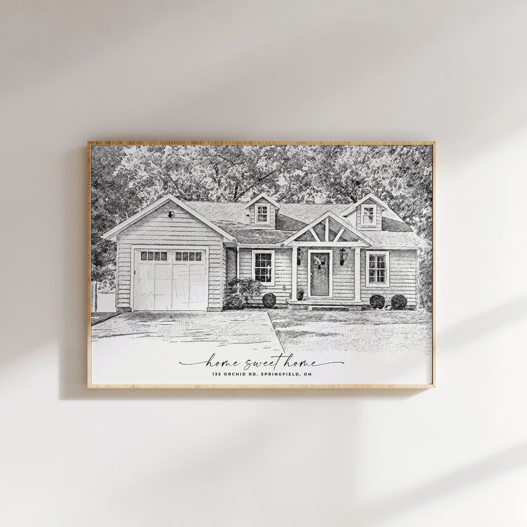 Detailed black and white sketch of a family home, showcasing personalized text and intricate linework, designed as a heartfelt gift for real estate agents, new homeowners, or families cherishing their house memories.