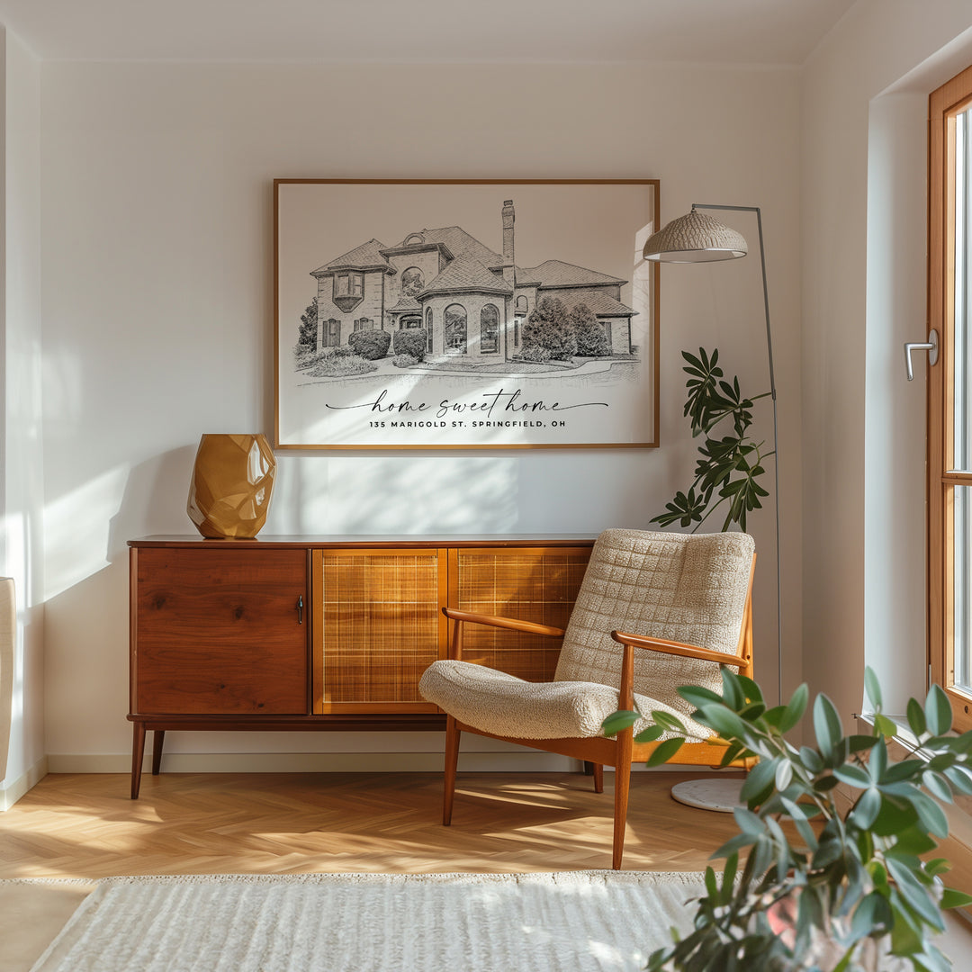 Custom black and white home sketch of a charming suburban house surrounded by lush greenery, designed as a timeless keepsake to celebrate the special bond with your home. Perfect as a personalized housewarming gift or a memorable anniversary present.