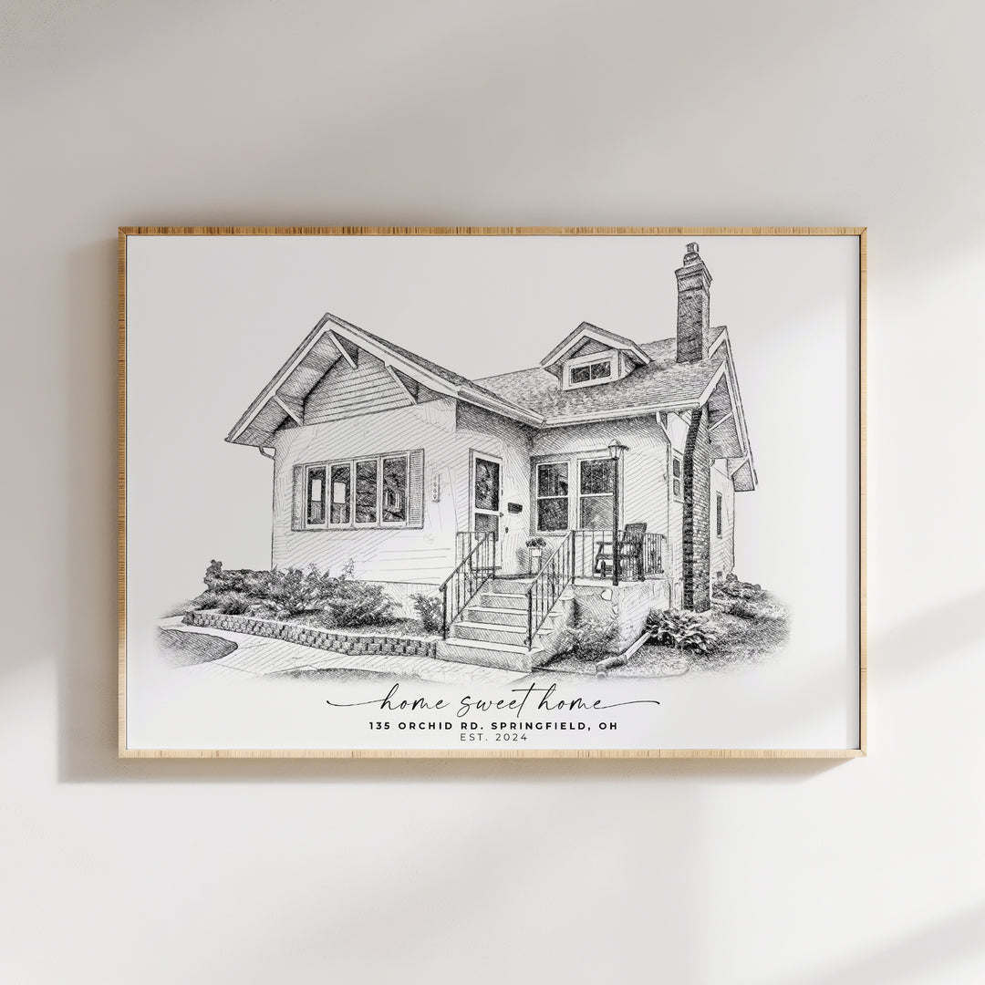 Detailed black and white sketch of a family home, showcasing personalized text and intricate linework, designed as a heartfelt gift for real estate agents, new homeowners, or families cherishing their house memories.