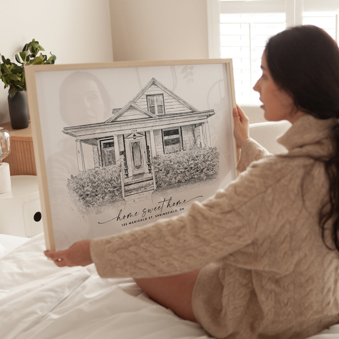 Artistic black and white sketch of a contemporary home, personalized with custom text and precise detailing, a meaningful addition to your home décor or a thoughtful keepsake for friends and family.