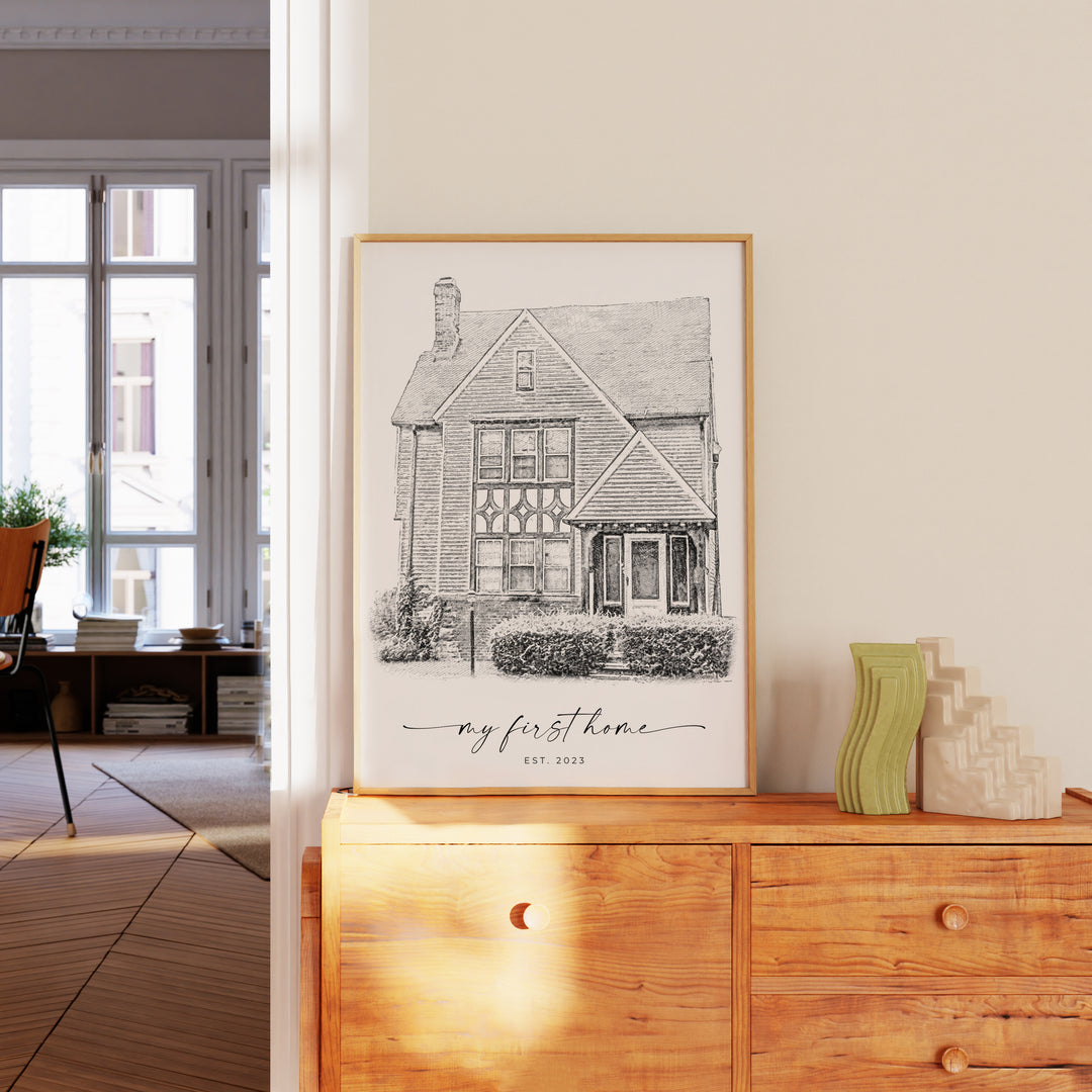 Custom black and white home sketch of a charming suburban house surrounded by lush greenery, designed as a timeless keepsake to celebrate the special bond with your home. Perfect as a personalized housewarming gift or a memorable anniversary present.