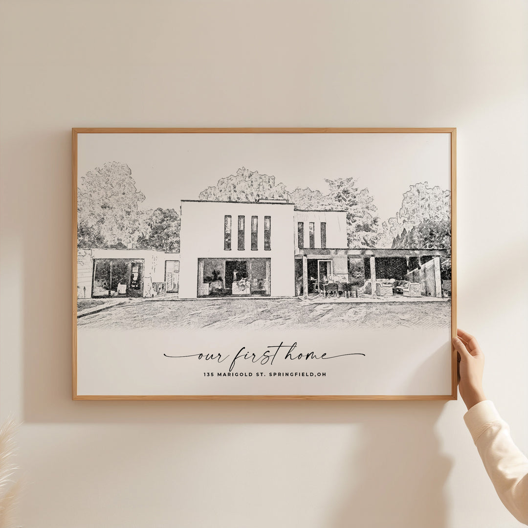 Artistic black and white sketch of a contemporary home, personalized with custom text and precise detailing, a meaningful addition to your home décor or a thoughtful keepsake for friends and family.
