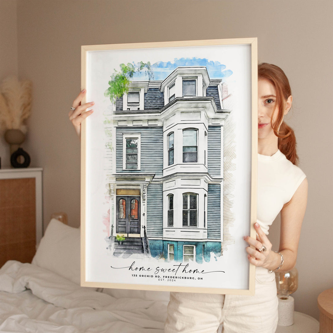 A beautifully crafted custom house portrait, ideal for new homeowners and real estate closing gifts, showcasing a detailed digital illustration of a family home. This personalized home art is perfect as a thoughtful housewarming gift, capturing the unique charm of a new home. Designed for real estate agents seeking meaningful client gifts, these bespoke digital house portraits add a personal touch to the home-buying experience, making them a lasting and memorable keepsake for clients and new homeowners