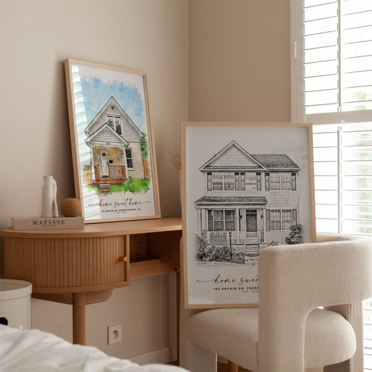 Custom watercolor and another black and white house portrait created as a sentimental first home gift