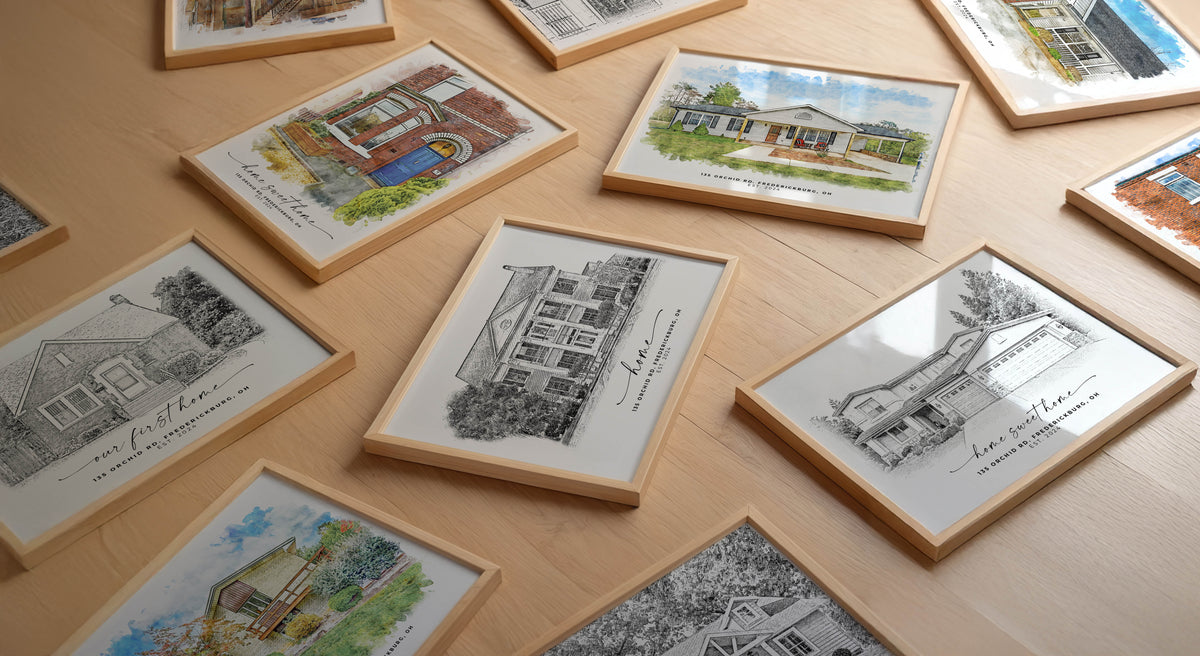 Personalized artwork created from a photo of a first home