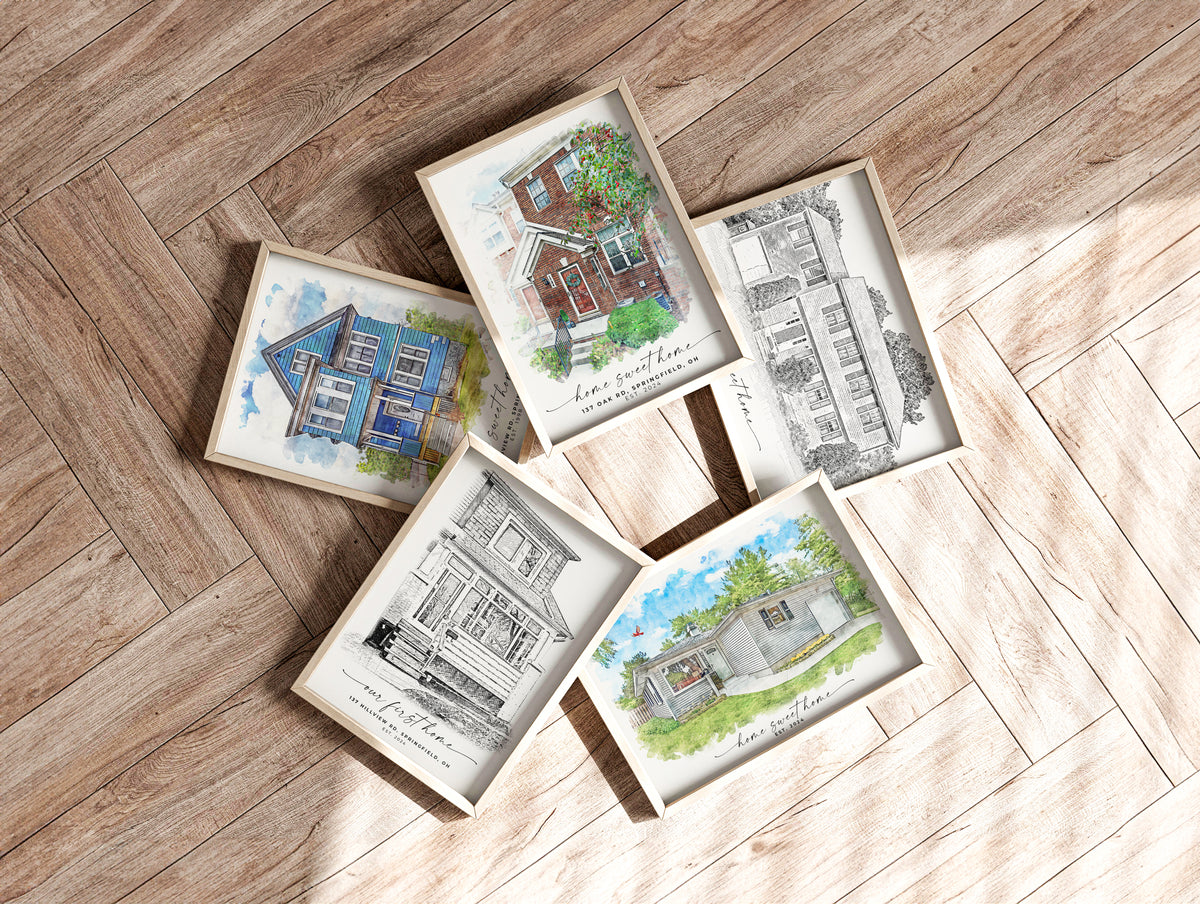 Personalized house portrait created as a first home gift