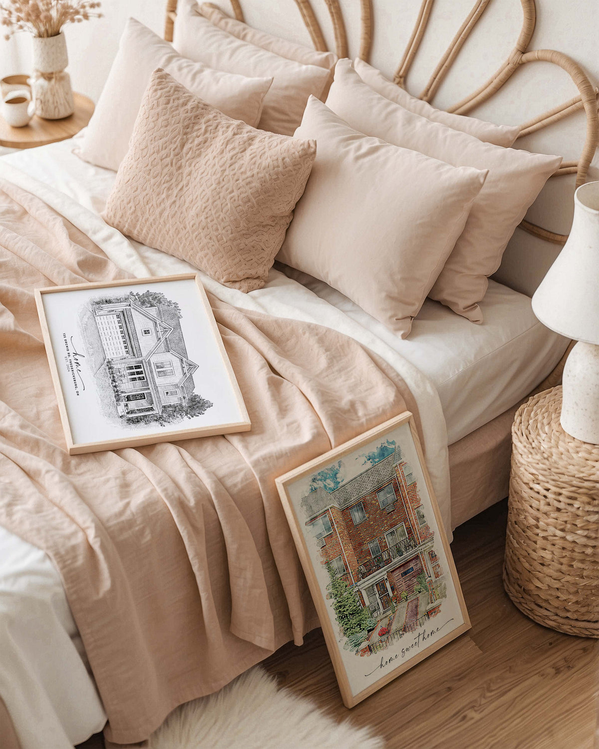 Personalized two house portraits framed made from a photo of a new home