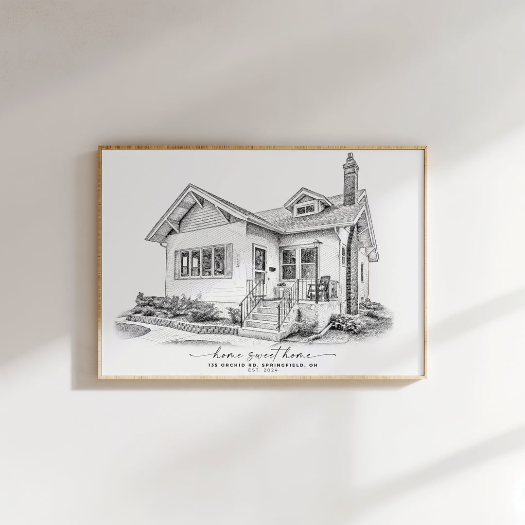 Black and white sketch custom house portrait
