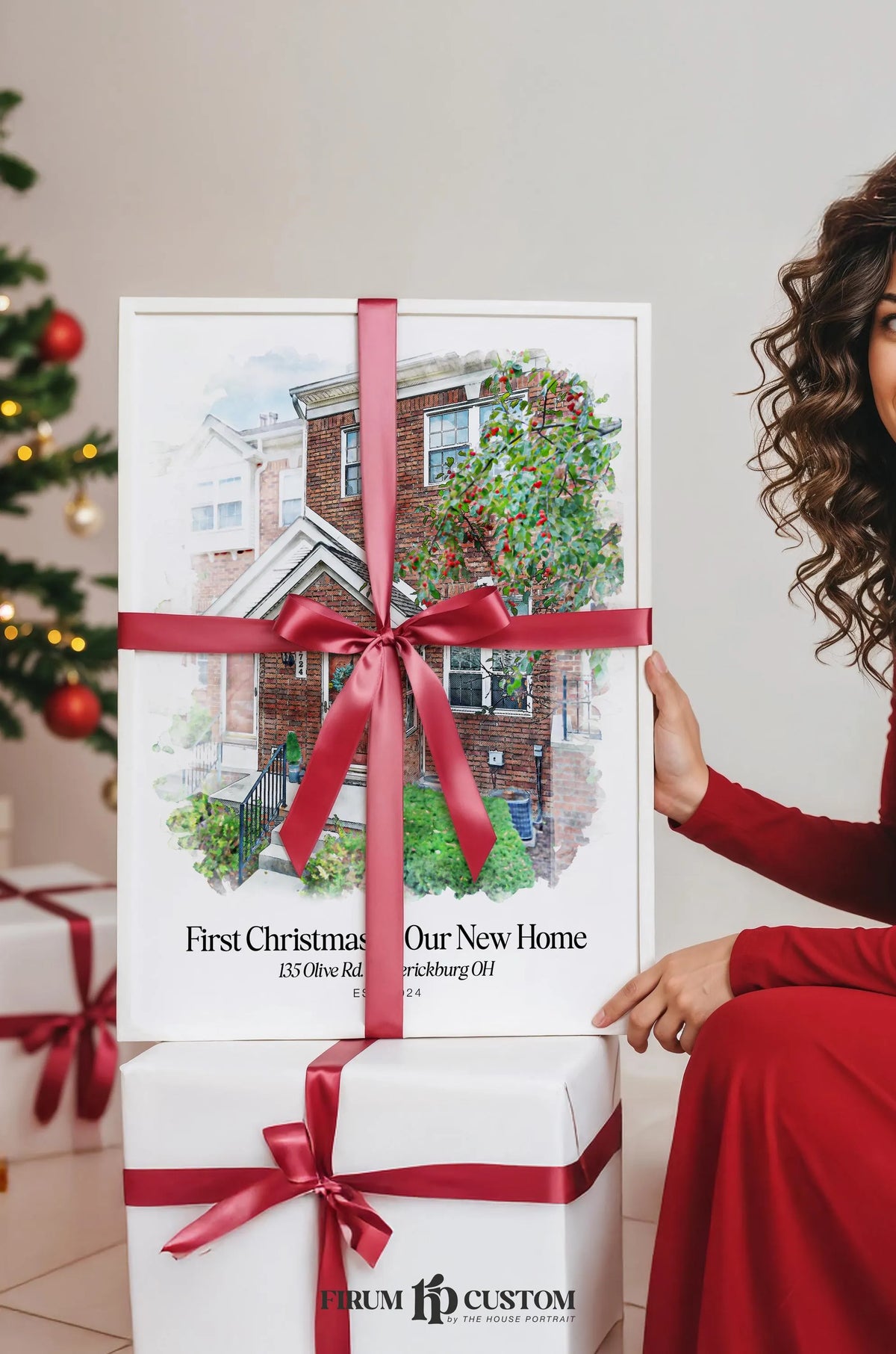 a custom watercolor illustration of a house with the text 'First Christmas Our New Home.' Another white box with a red ribbon