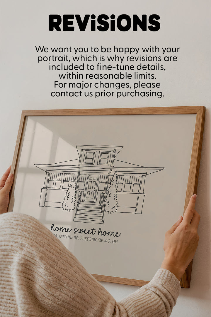 A framed portrait print being held by a person, with text above reading 'REVISIONS' and a black line drawing of a house on an off-white background. The product appears to be a framed art print or portrait customization listing.