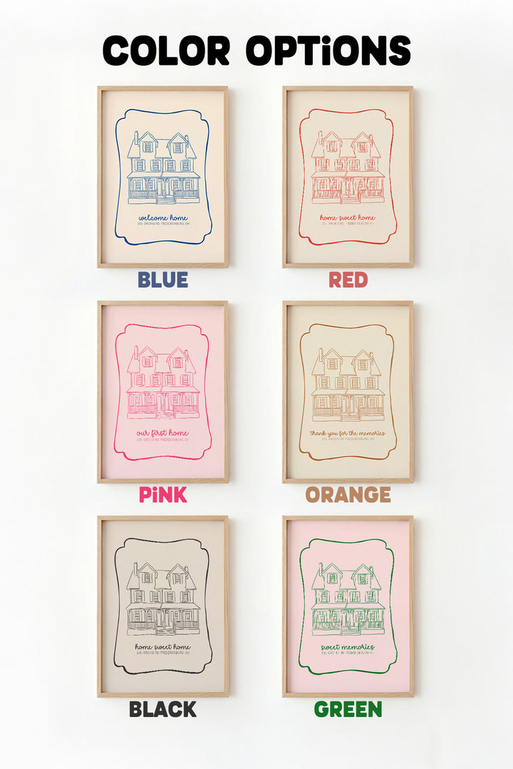 A color options chart showing six framed art prints with house illustrations in different colors: blue, red, pink, orange, black, and green. The top text reads 'COLOR OPTIONS' and each print is labeled with its corresponding color.