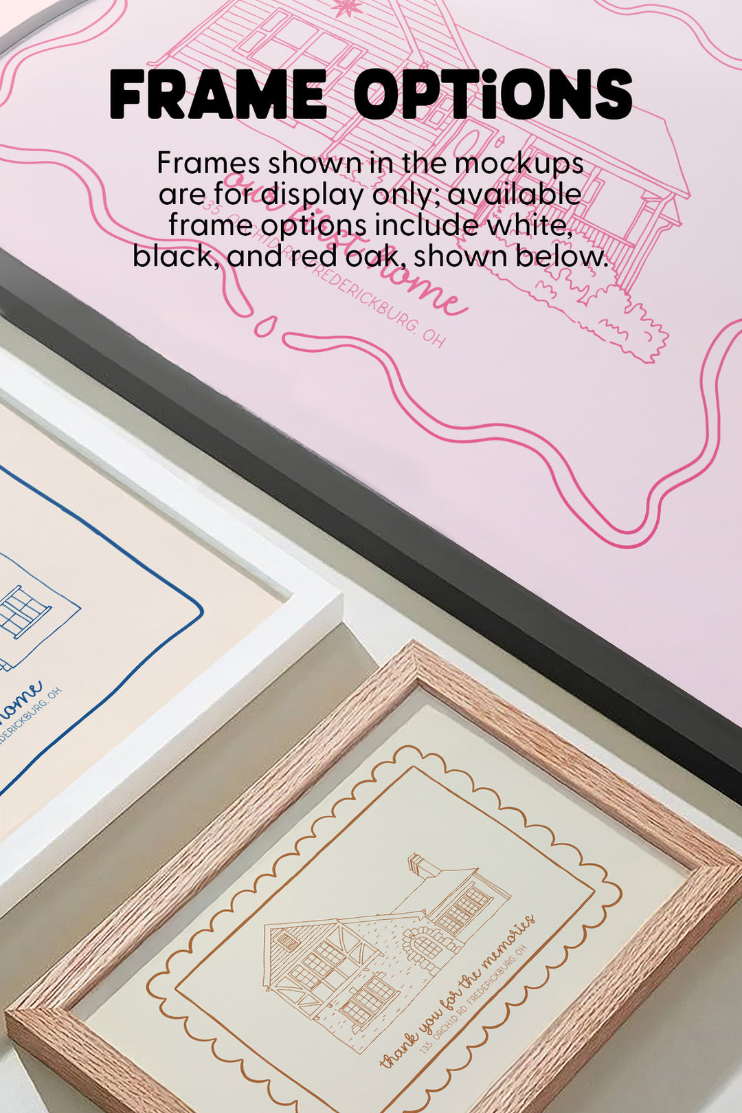 A mockup graphic showing framed art prints with overlaid text reading 'FRAME OPTIONS.' The image displays several picture frames in different finishes around light art prints with pink and blue line drawings.