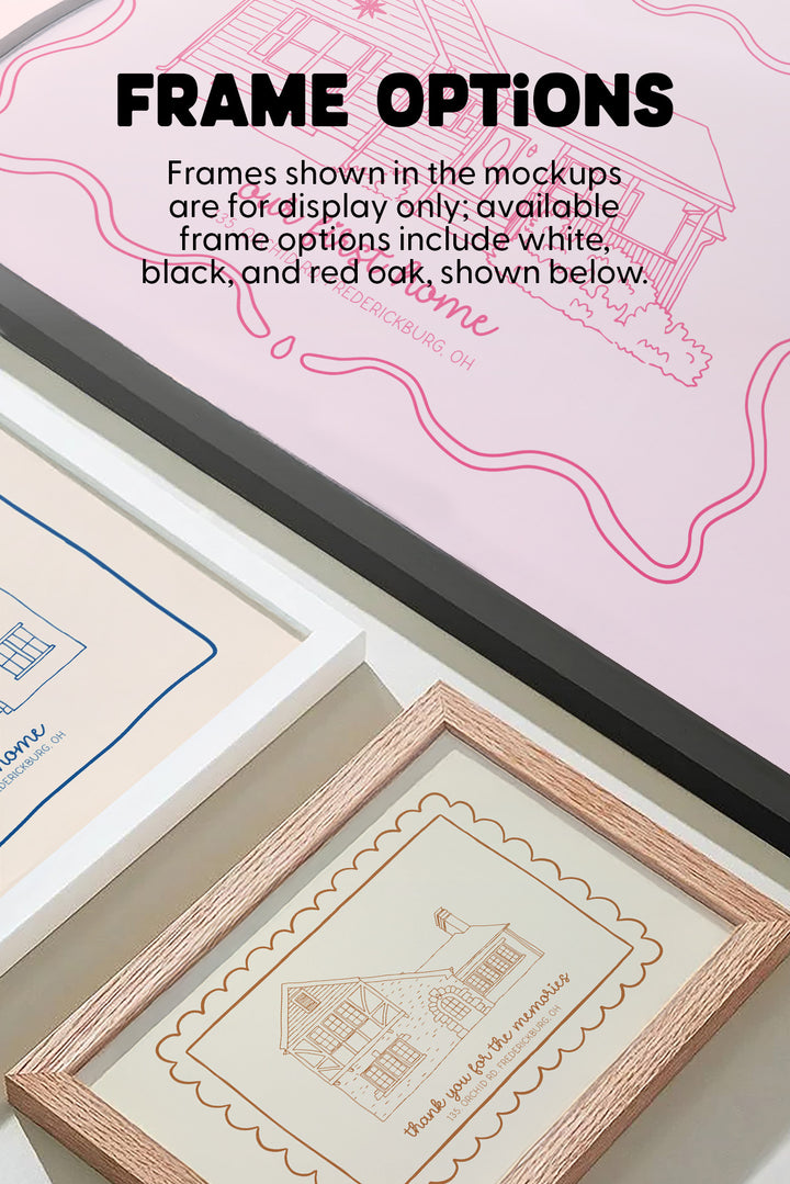 A mockup graphic showing framed art prints with overlaid text reading 'FRAME OPTIONS.' The image displays several picture frames in different finishes around light art prints with pink and blue line drawings.
