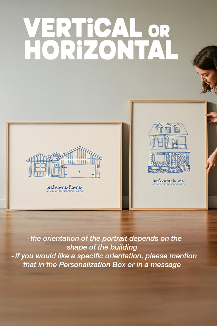 Two framed vertical art prints with blue architectural house illustrations on a beige background, displayed on a wooden floor against a gray wall. Large text at the top reads 'VERTICAL OR HORIZONTAL' and additional text at the bottom explains orientation preferences.