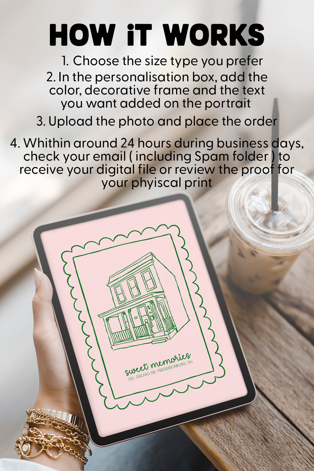 A promotional graphic showing a tablet held in a hand on a wooden table, displaying a customizable portrait-style print with a pink background and green house illustration. Large text at the top reads 'HOW IT WORKS' with four steps, and an iced coffee cup sits in the background.