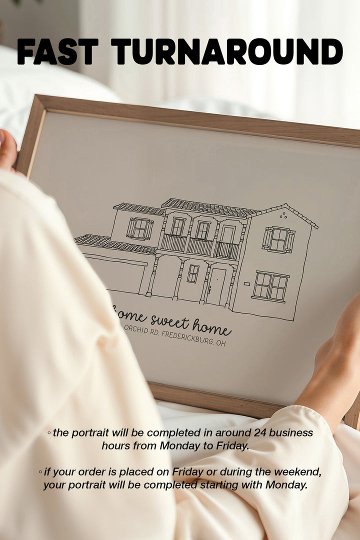 A person in a cream-colored shirt holds a framed custom portrait print showing a black line drawing of a house with the text 'Home sweet home' and a location below. Large text at the top reads 'FAST TURNAROUND' with additional order information at the bottom.