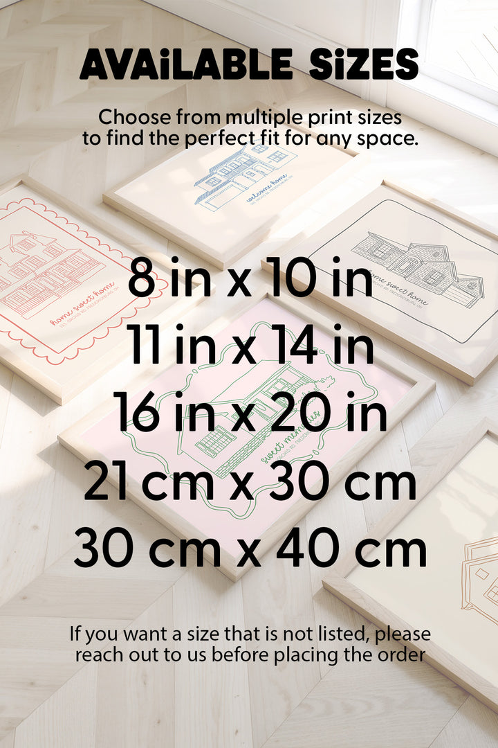 A size chart graphic for wall art prints showing several framed sample prints on a light wood floor, with large text listing available sizes: 8 in x 10 in, 11 in x 14 in, 16 in x 20 in, 21 cm x 30 cm, and 30 cm x 40 cm.