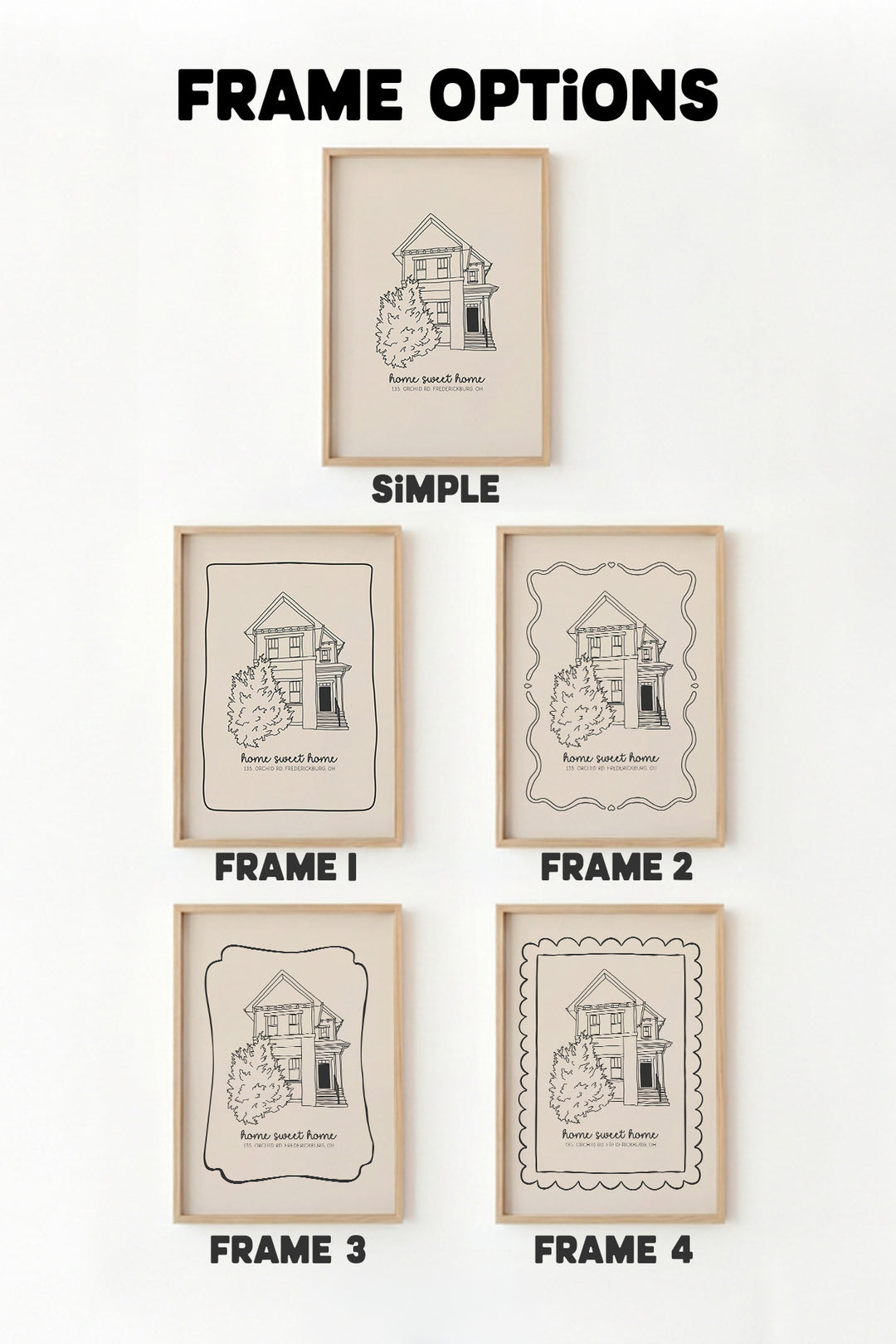 A product information graphic titled 'FRAME OPTIONS' showing five framed art prints on a white background, labeled Simple, Frame 1, Frame 2, Frame 3, and Frame 4.