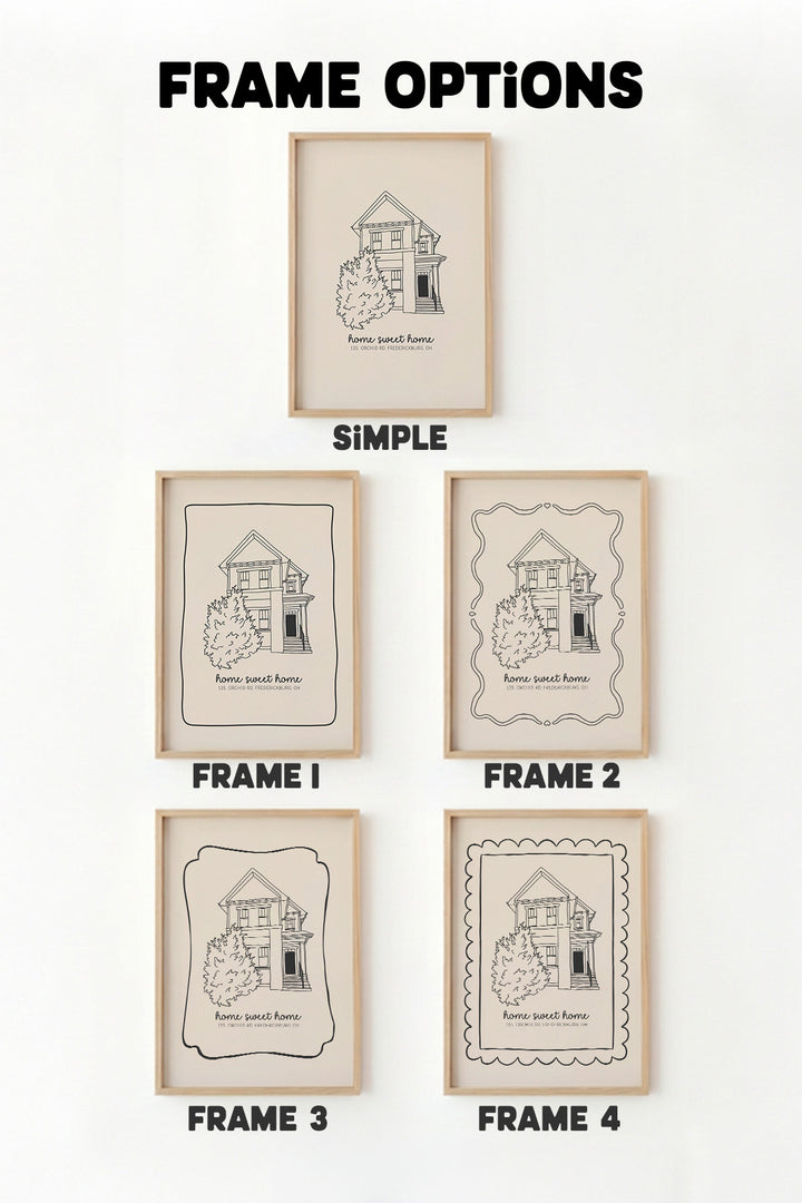 A product information graphic titled 'FRAME OPTIONS' showing five framed art prints on a white background, labeled Simple, Frame 1, Frame 2, Frame 3, and Frame 4.