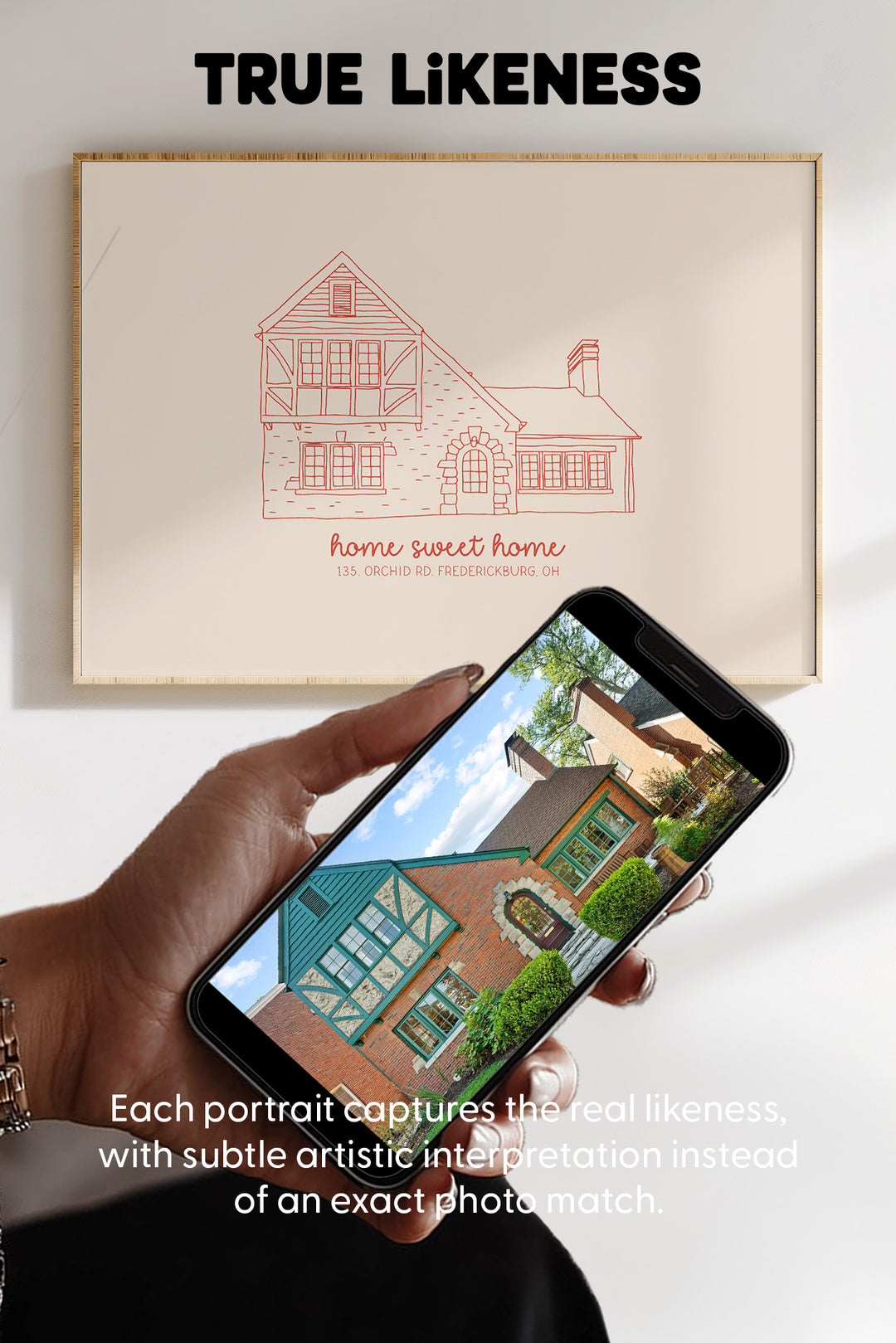 A hand holds a smartphone showing a house portrait preview, with a framed line-art house print on a wall behind it and the text 'TRUE LIKENESS' at the top. Promotional text at the bottom describes capturing the real likeness.