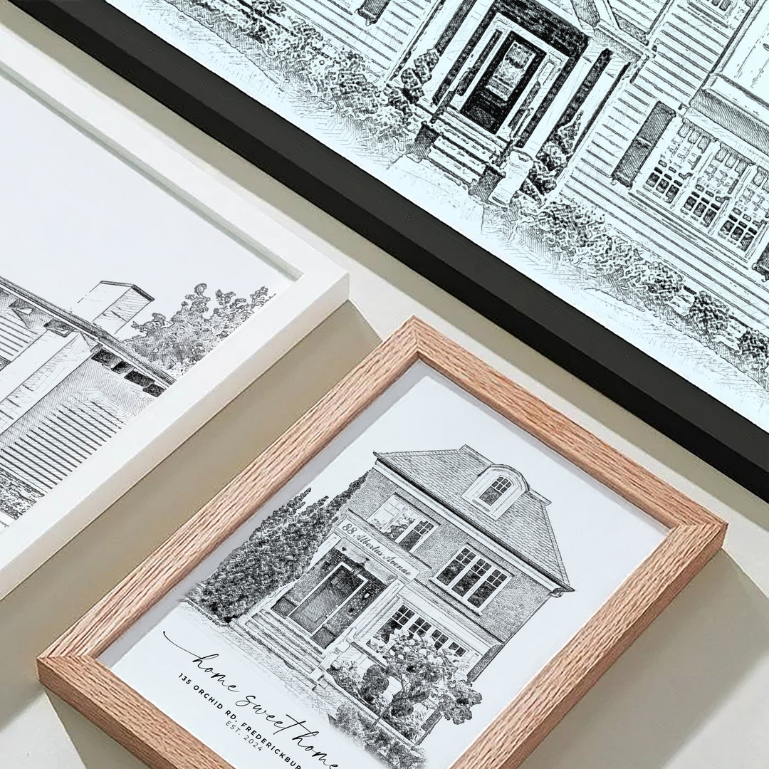 Detailed black and white sketch of a family home, showcasing personalized text and intricate linework, designed as a heartfelt gift for real estate agents, new homeowners, or families cherishing their house memories.