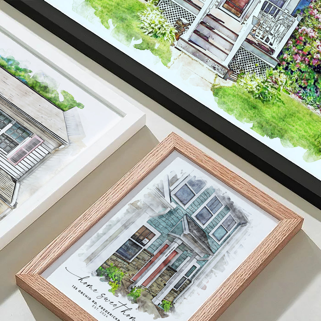 Artistic watercolor illustration of a contemporary home, personalized with custom text and vibrant colors, a meaningful addition to your home décor or as a thoughtful keepsake for friends and family.