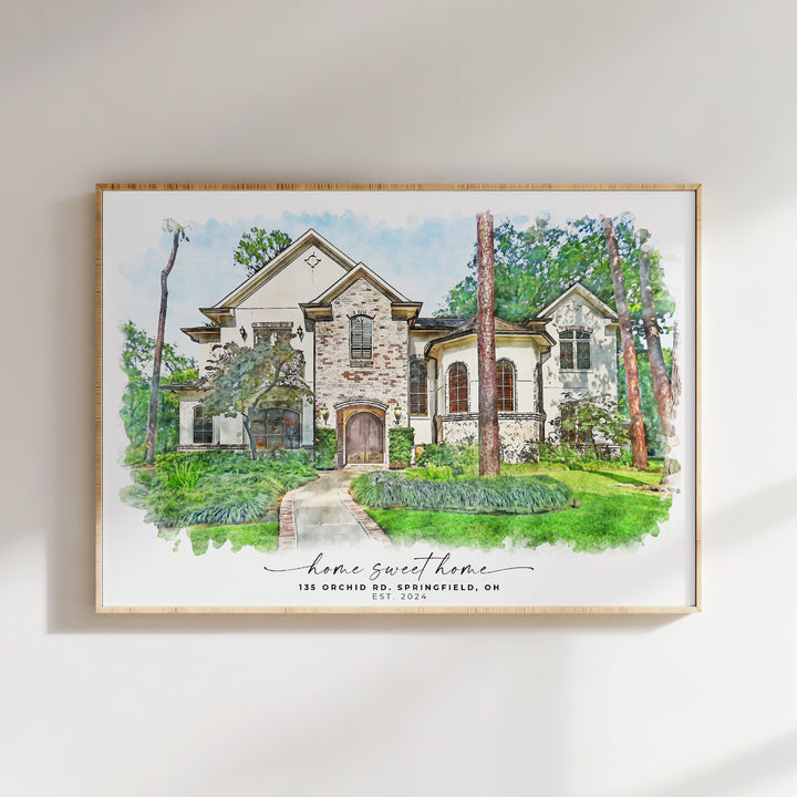 Custom watercolor home portrait of a charming suburban house surrounded by lush greenery, designed as a unique keepsake to celebrate the special bond with your home. Perfect as a personalized housewarming gift or a memorable anniversary present.