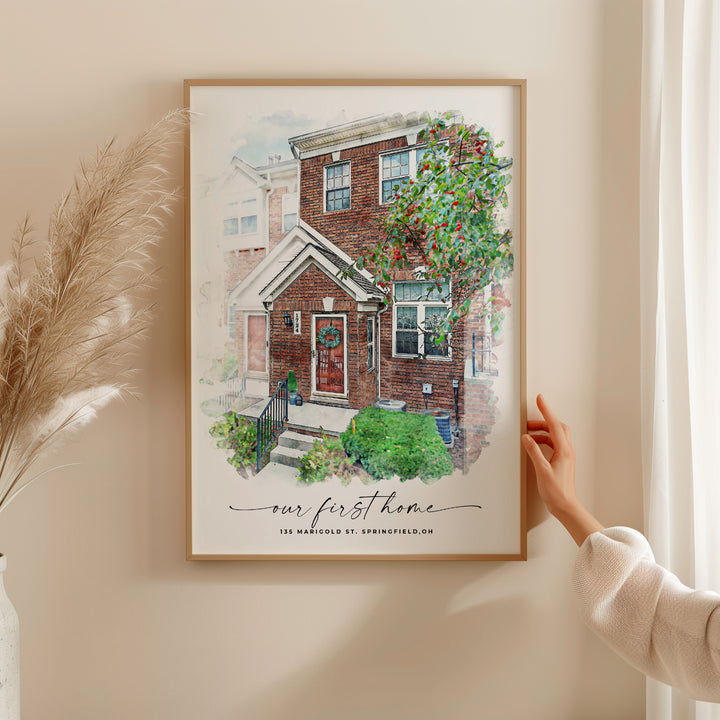 Custom watercolor home portrait of a charming suburban house surrounded by lush greenery, designed as a unique keepsake to celebrate the special bond with your home. Perfect as a personalized housewarming gift or a memorable anniversary present.