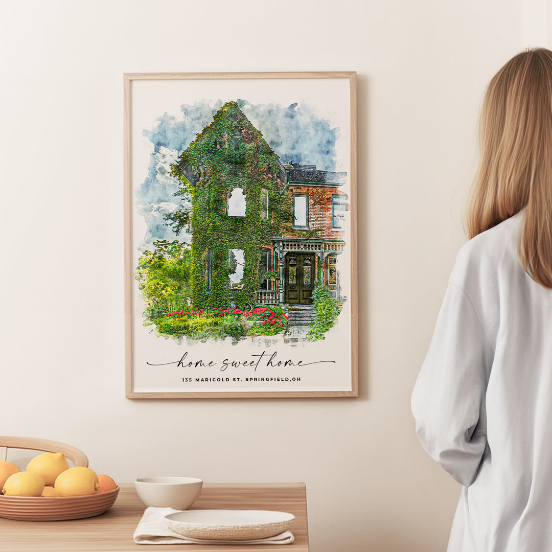 Detailed watercolor painting of a family home, showcasing personalized text and vivid artistic details, designed as a heartfelt gift for real estate agents, new homeowners, or families cherishing their house memories