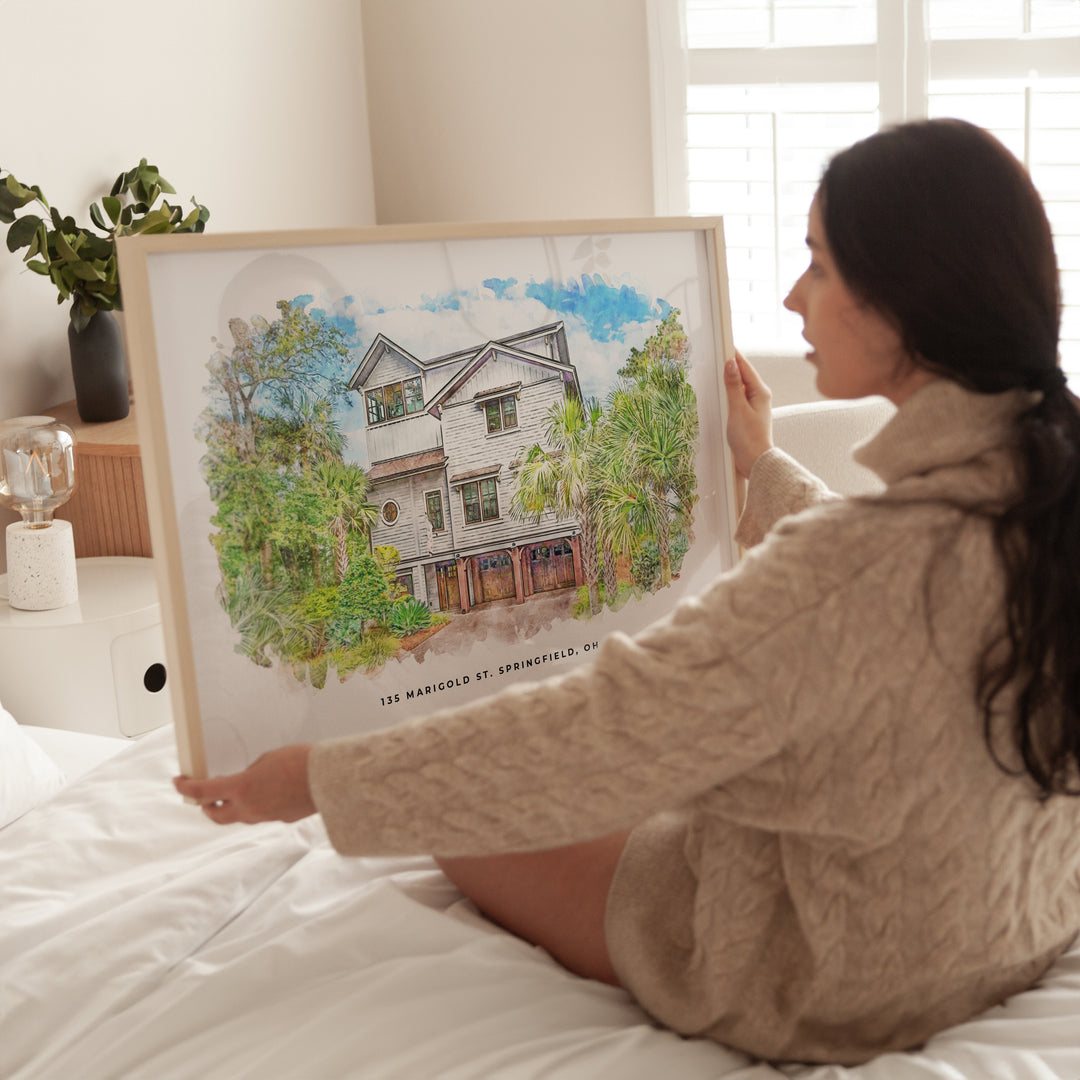 Detailed watercolor painting of a family home, showcasing personalized text and vivid artistic details, designed as a heartfelt gift for real estate agents, new homeowners, or families cherishing their house memories.