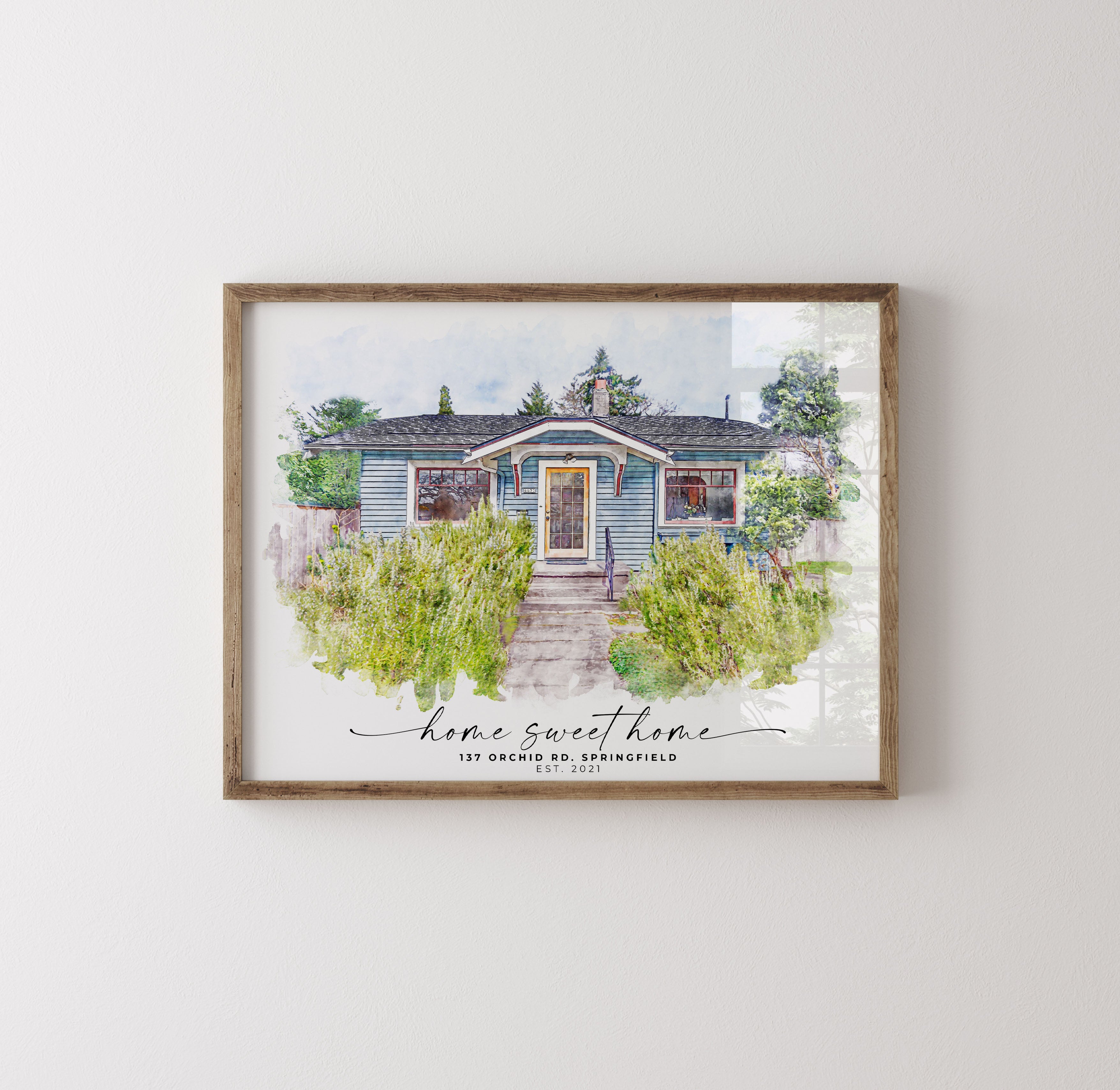 A beautifully crafted custom house portrait, ideal for new homeowners and real estate closing gifts, showcasing a detailed digital illustration of a family home. This personalized home art is perfect as a thoughtful housewarming gift, capturing the unique charm of a new home. Designed for real estate agents seeking meaningful client gifts, these bespoke digital house portraits add a personal touch to the home-buying experience, making them a lasting and memorable keepsake for clients and new homeowners