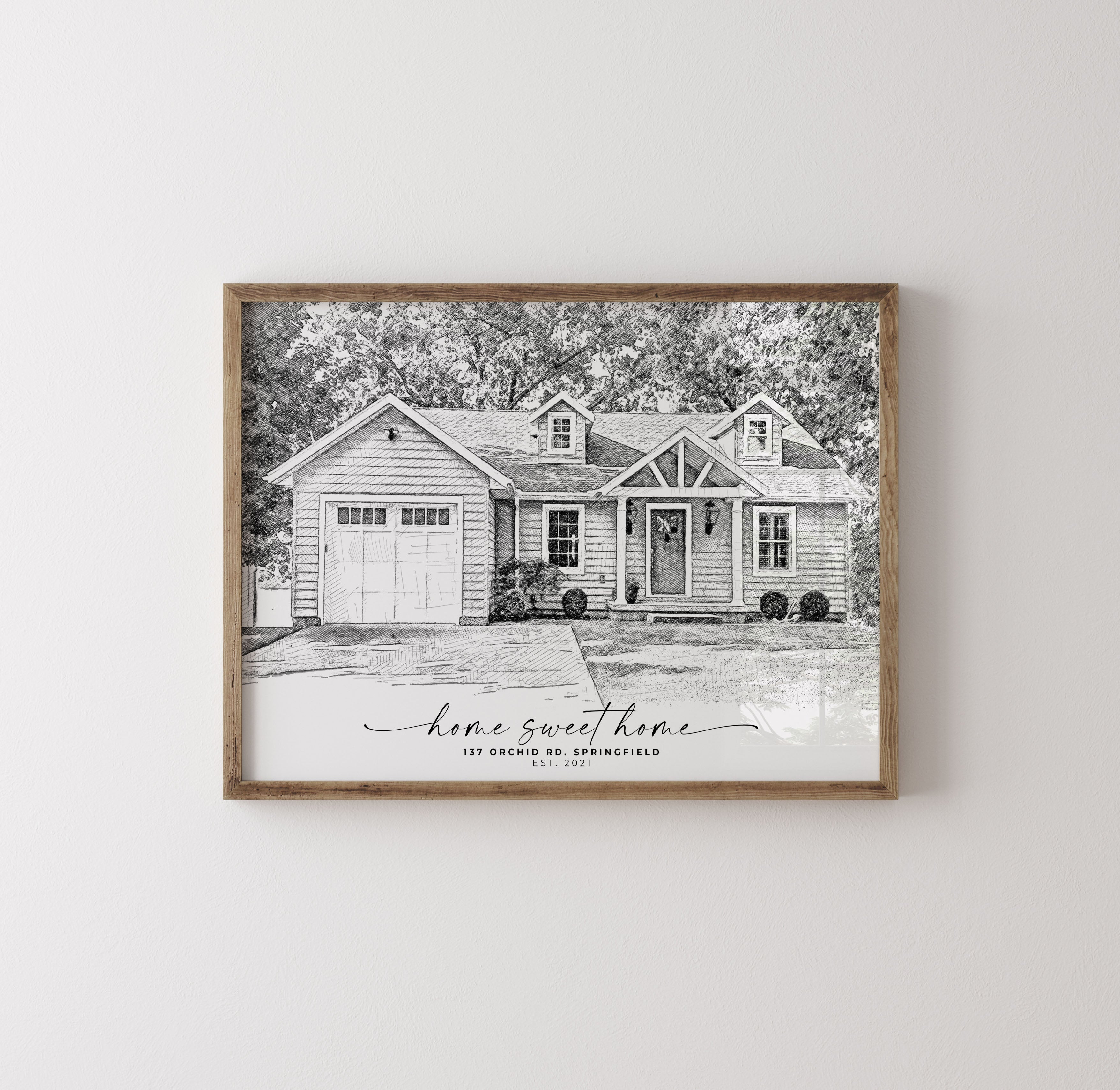 A beautifully crafted custom house portrait, ideal for new homeowners and real estate closing gifts, showcasing a detailed digital illustration of a family home. This personalized home art is perfect as a thoughtful housewarming gift, capturing the unique charm of a new home. Designed for real estate agents seeking meaningful client gifts, these bespoke digital house portraits add a personal touch to the home-buying experience, making them a lasting and memorable keepsake for clients and new homeowners