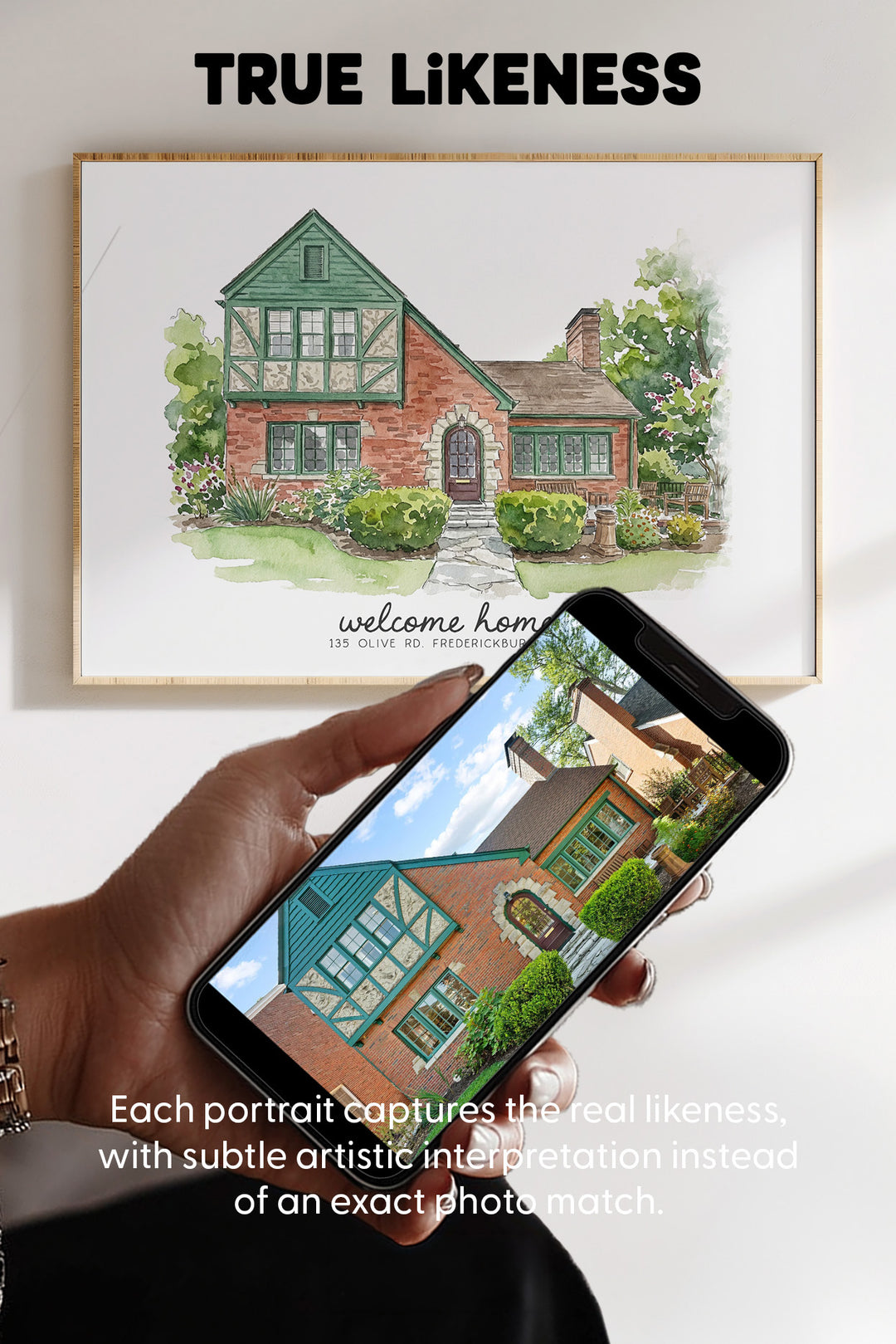 A framed watercolor-style house portrait hangs on a wall above a hand holding a smartphone that displays a matching house photo. The image includes the text 'TRUE LIKENESS' at the top and descriptive copy about capturing the real likeness.