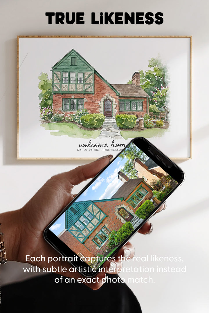 A framed watercolor-style house portrait hangs on a wall above a hand holding a smartphone that displays a matching house photo. The image includes the text 'TRUE LIKENESS' at the top and descriptive copy about capturing the real likeness.