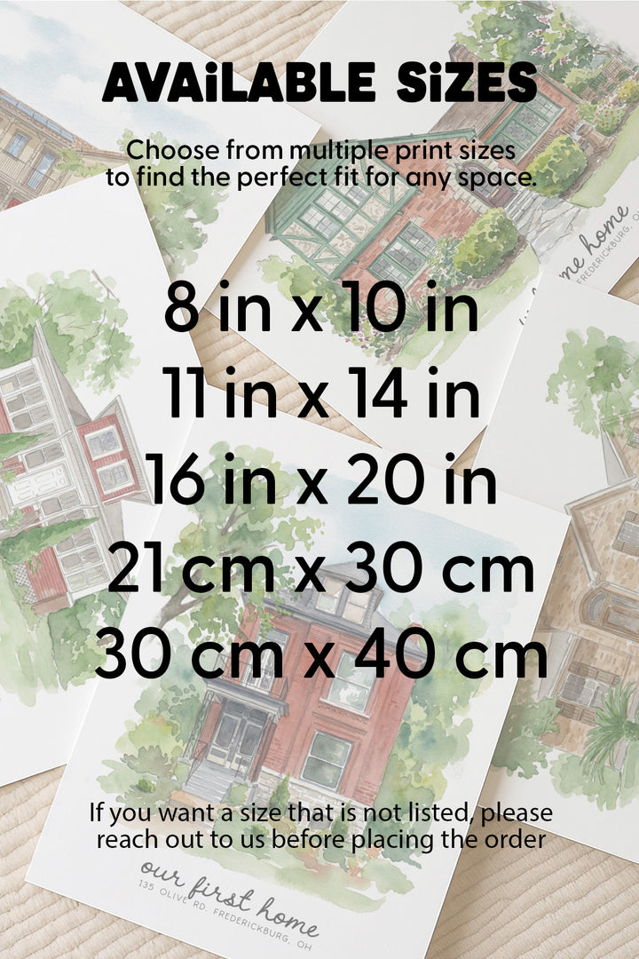 A size chart graphic for wall art prints showing available print sizes in both inches and centimeters, overlaid on top of several watercolor-style house illustrations on a light wood background.